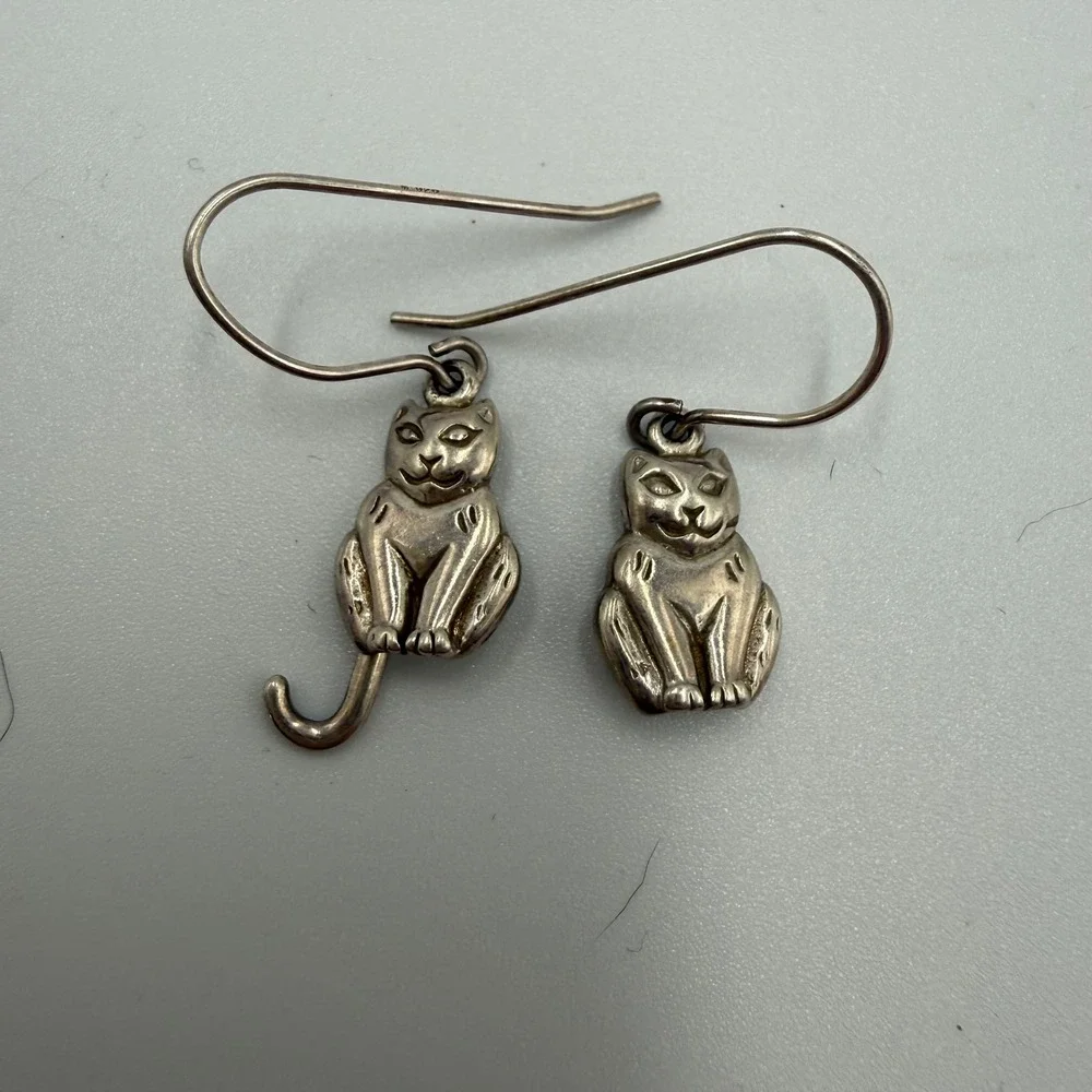 Unbranded Sterling Silver Cat Earrings OS Silver Whimsigoth Boho Feline Dangles‎